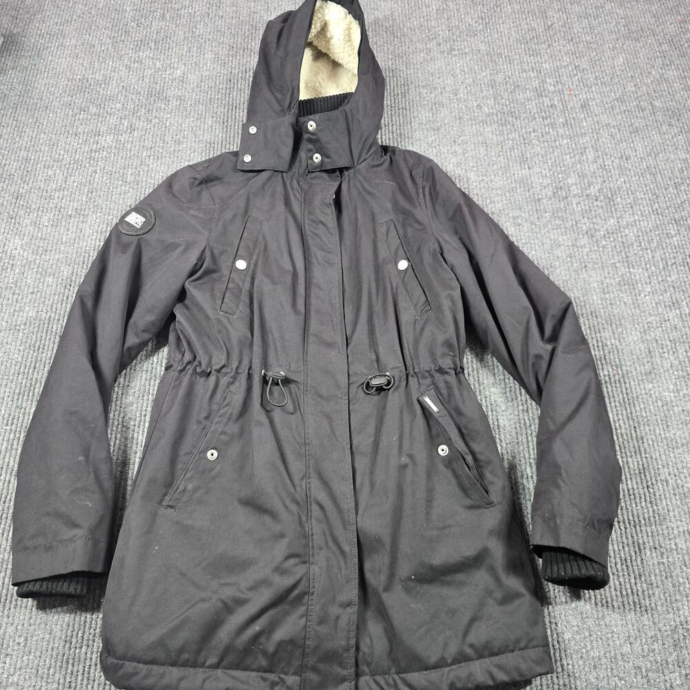 Superdry Coat Womens Large Black Microfibre Parka Hooded Fleece Lined New Model